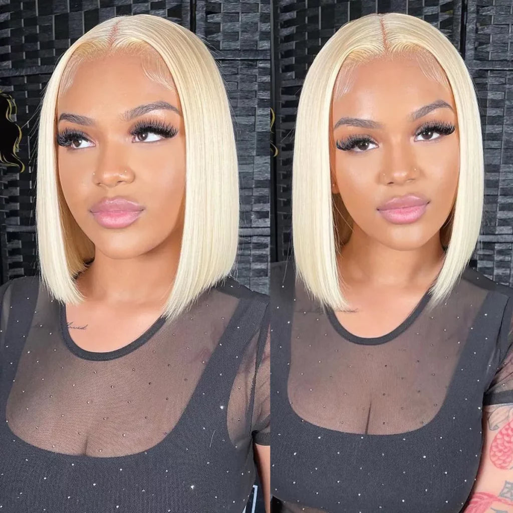 613 Blonde Straight Human Hair Lace Front Short Bob Wigs