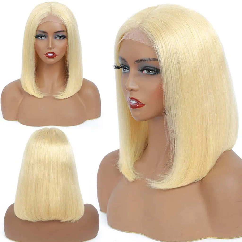 613 Blonde Straight Human Hair Lace Front Short Bob Wigs