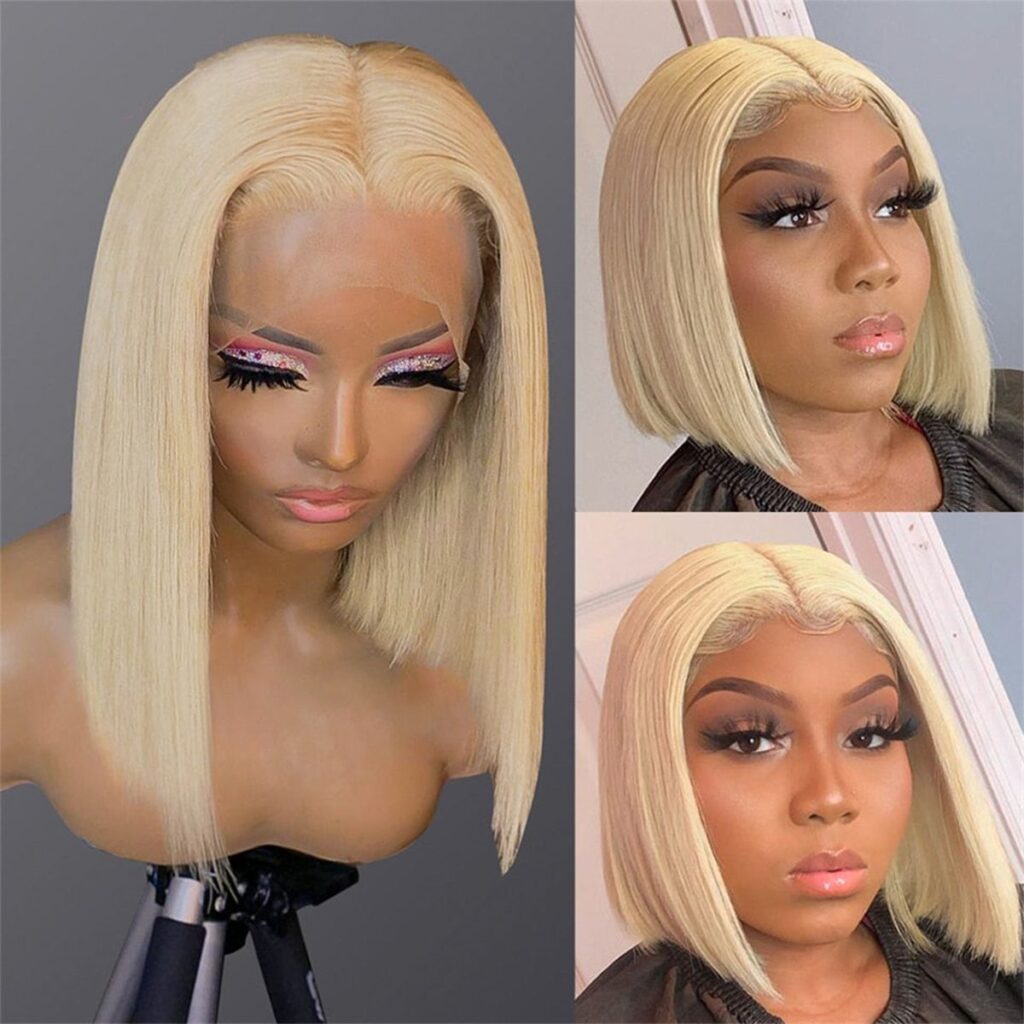 613 Blonde Straight Human Hair Lace Front Short Bob Wigs